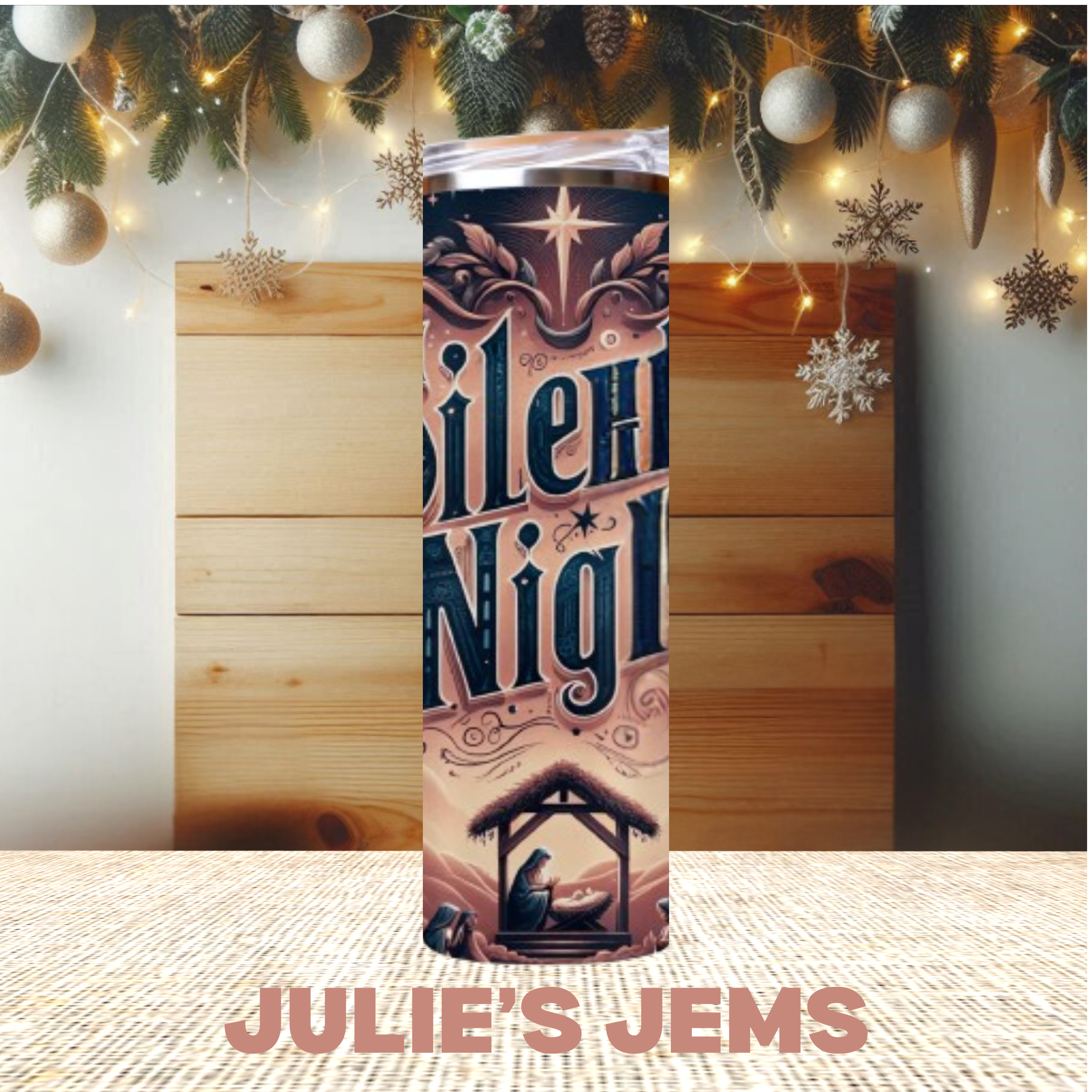 Tumbler 20oz - Christmas Silent Night in a light brown background with a nativity theme
